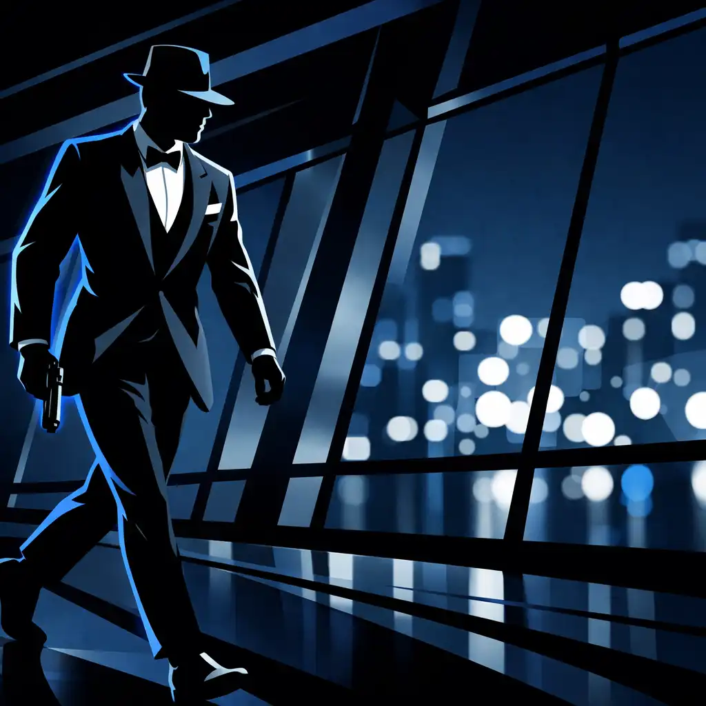 Sleek illustration of a tuxedoed spy silhouette walking through a modern glass building at night