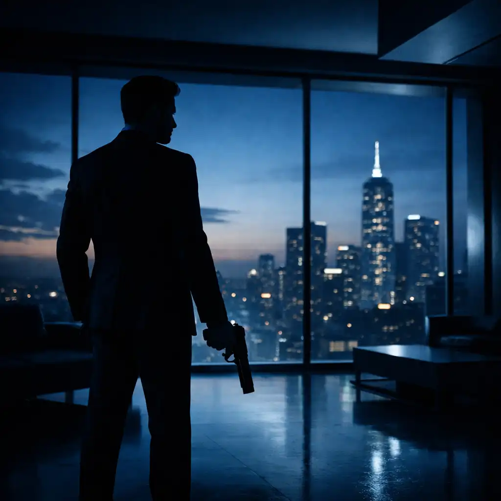 Silhouetted figure in a suit holding a pistol in a modern interior