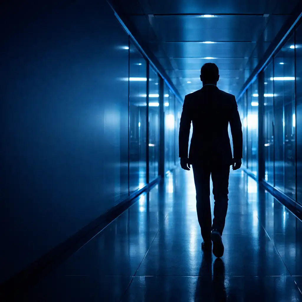 Silhouetted figure in a suit walking through a high-tech corridor, evoking spy thriller mood for 007 First Light