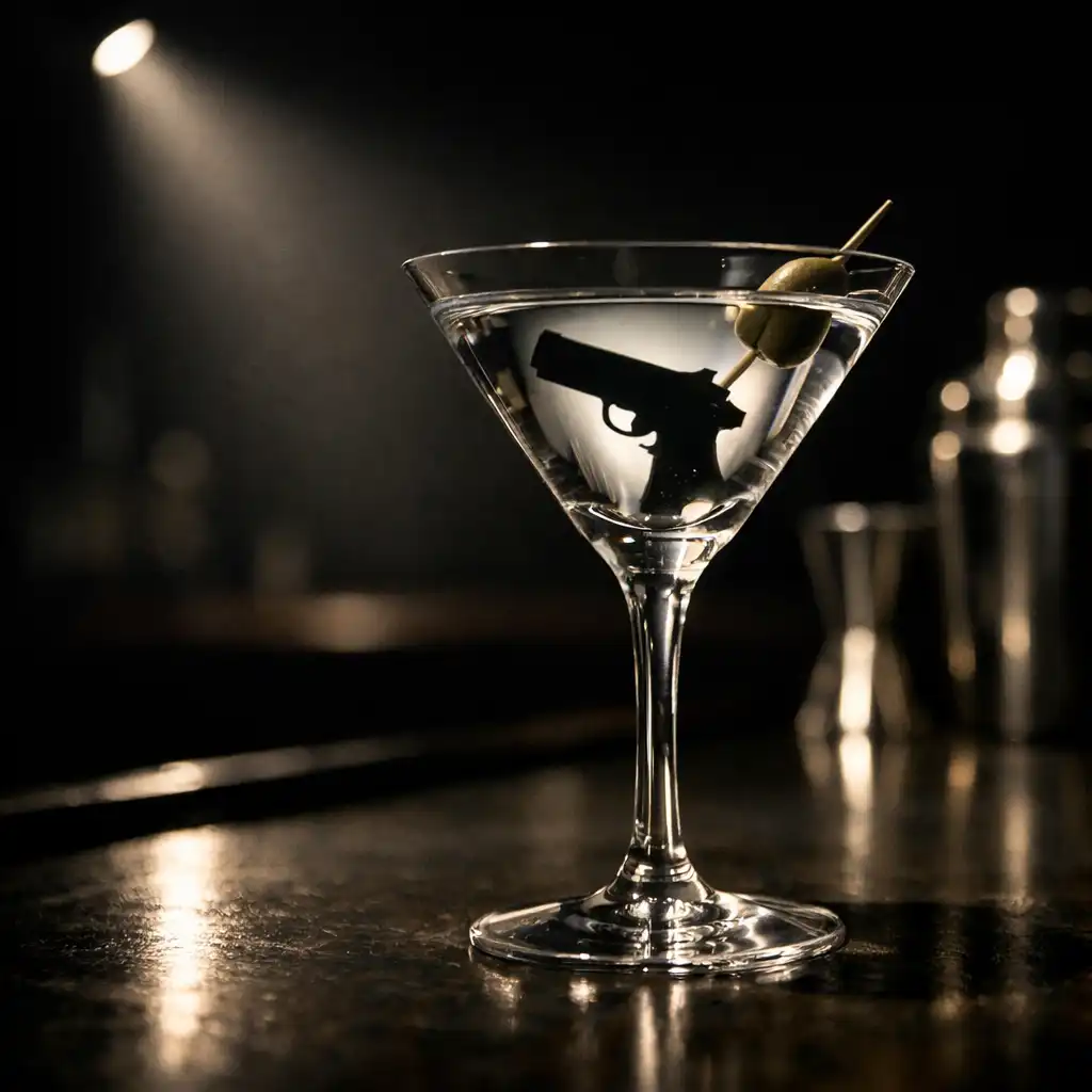 Martini glass on a bar counter with a gun silhouette reflected