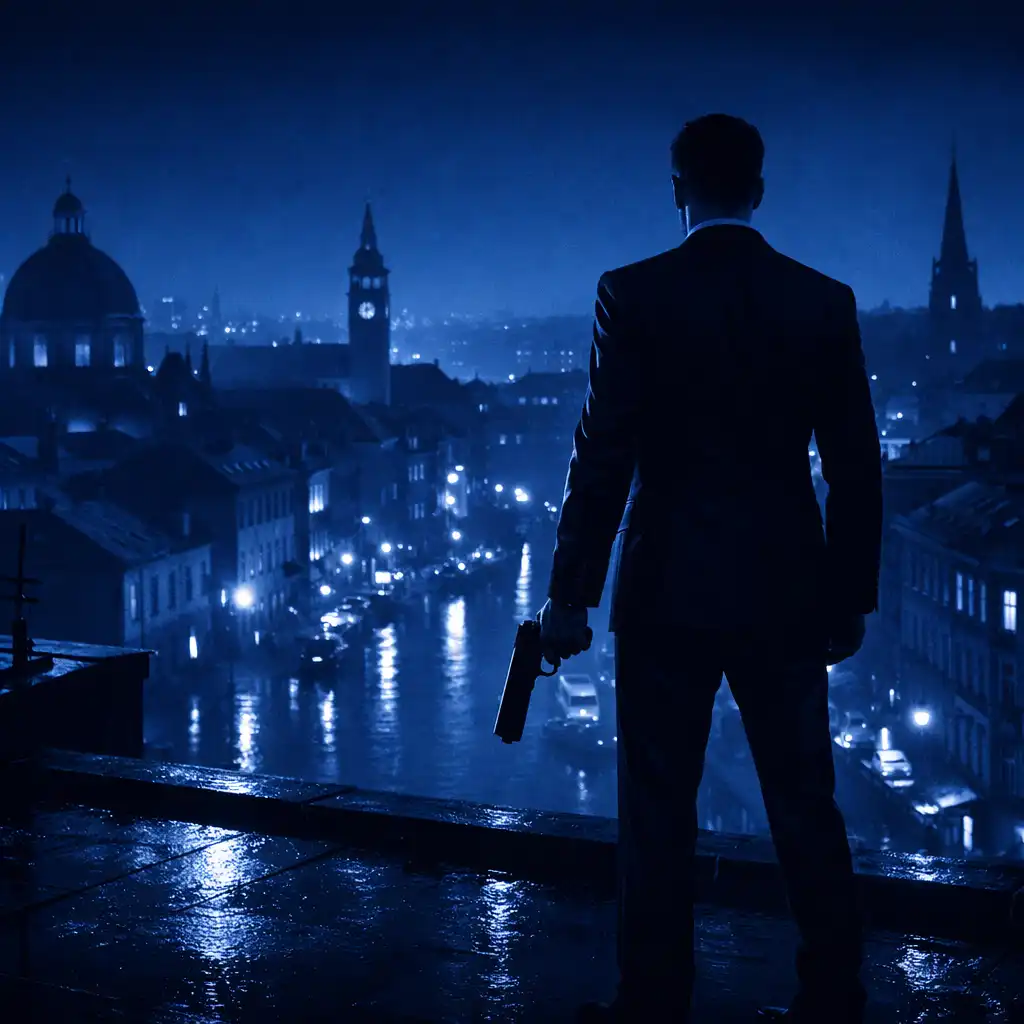 A silhouetted figure in a tailored suit standing in a modern interior overlooking a city at dawn