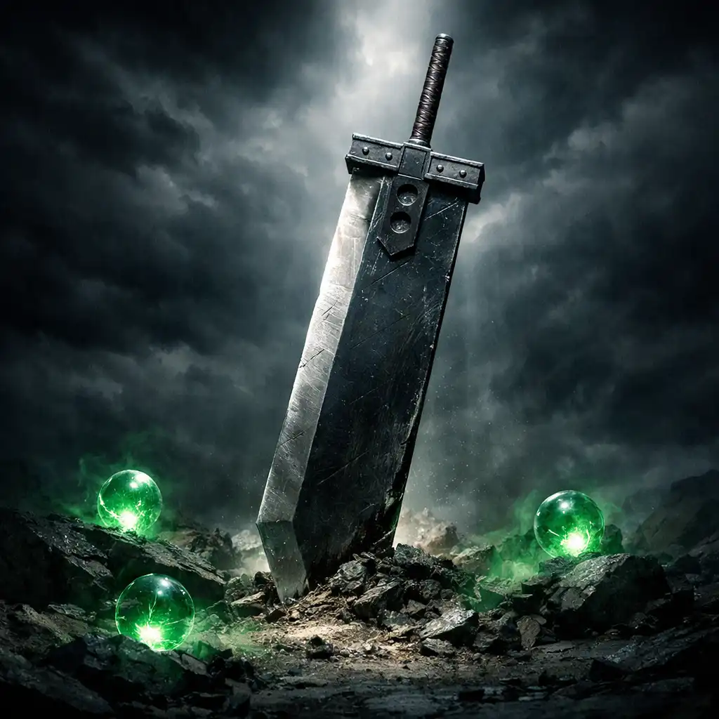 Buster sword stuck in the ground with glowing green materia