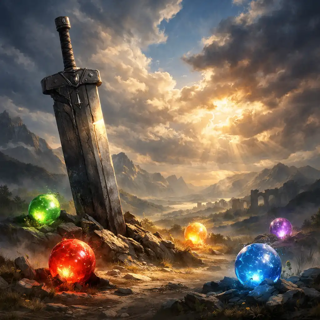 Large sword planted in a fantasy landscape with glowing orbs