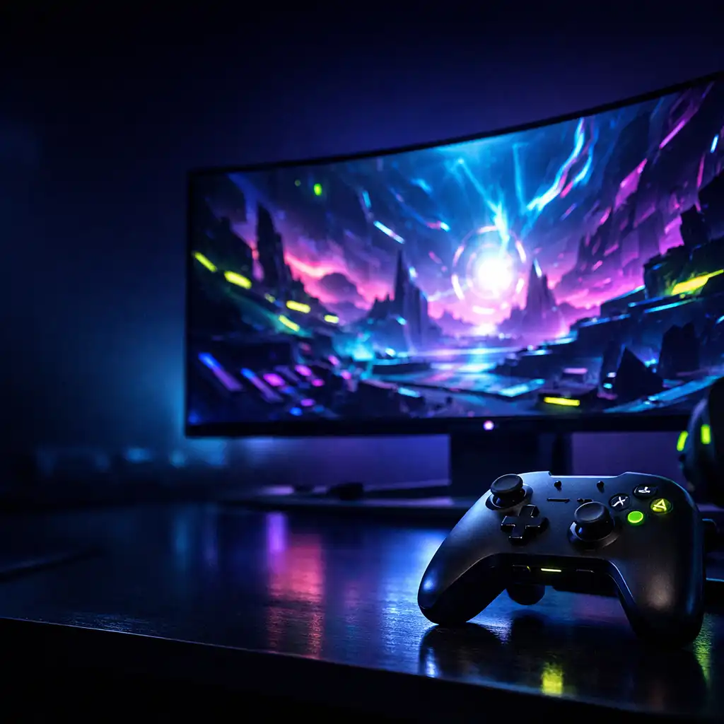 A dark gaming room with a large curved monitor displaying an abstract game world and a controller resting on the desk