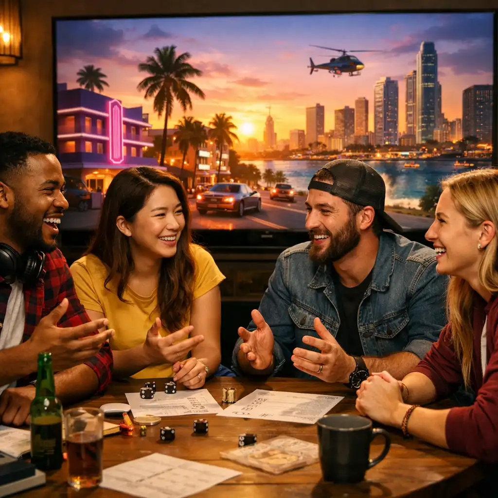 Group of gamers discussing around a table with a GTA VI cityscape on screen