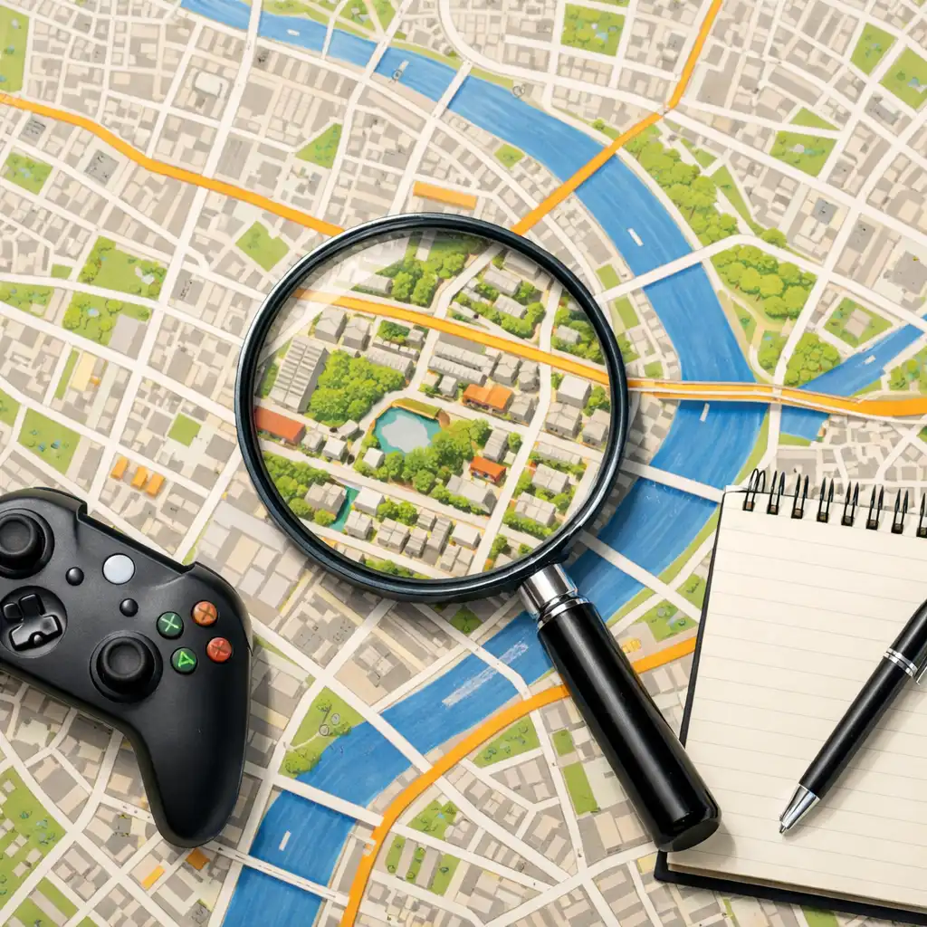 Top-down view of a city map with a magnifying glass and controller