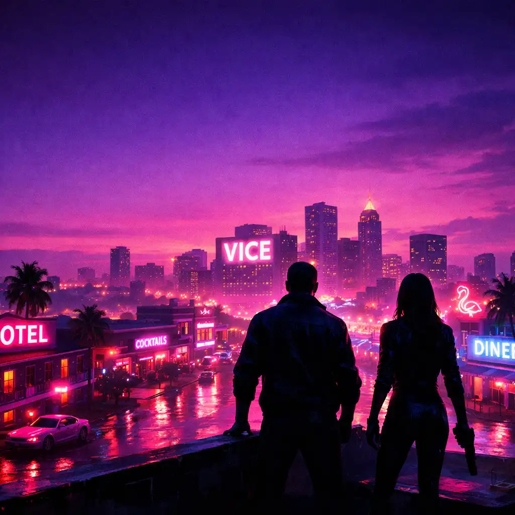 Cinematic illustration of a neon-lit Vice City street at dusk with two silhouetted figures on a rooftop