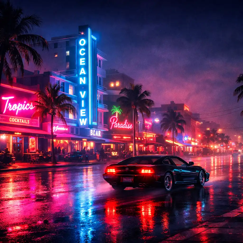 Neon-lit Vice City street at night with palm trees and a sports car
