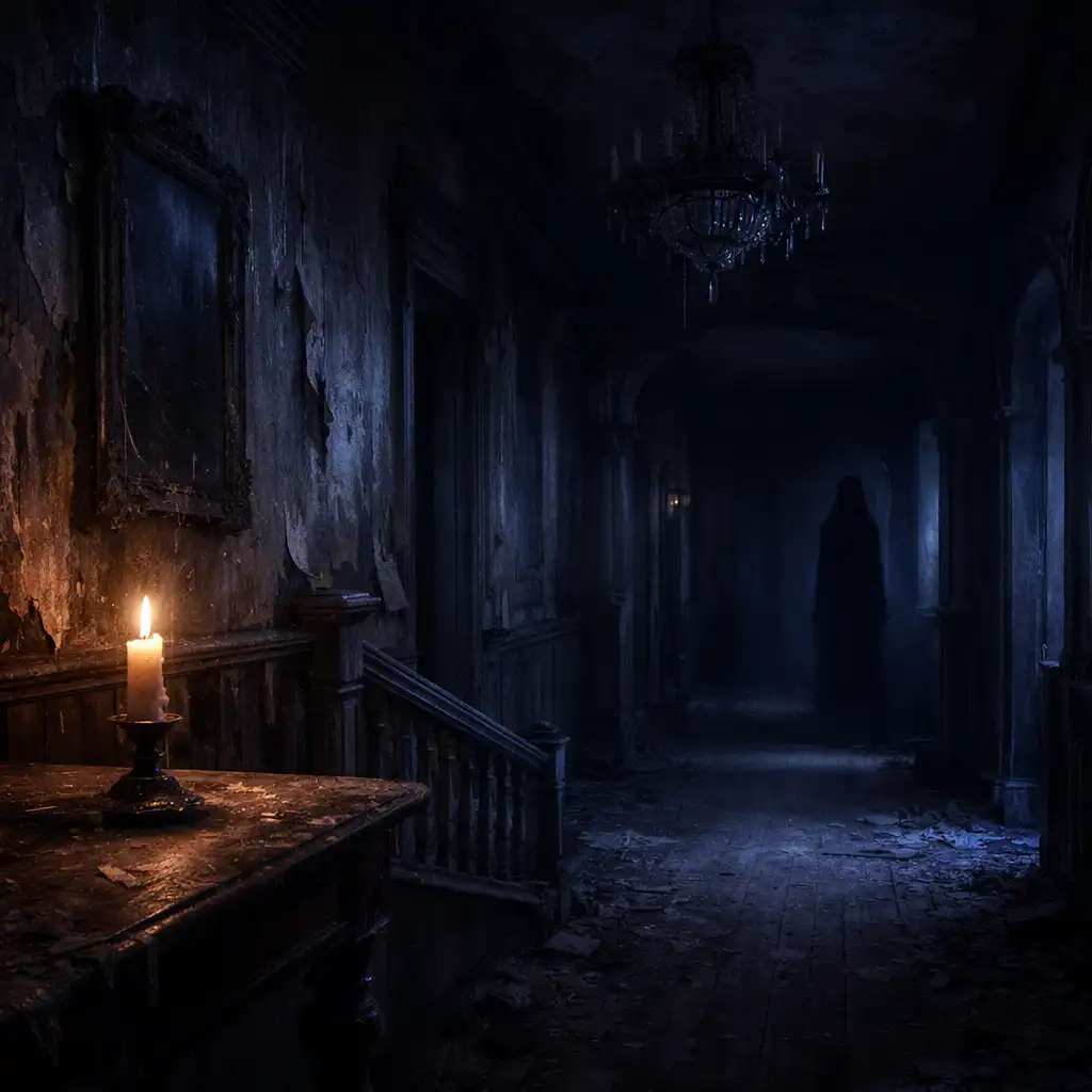 Dark atmospheric hallway of an abandoned Victorian mansion with a flickering candle and a shadowy figure in the distance