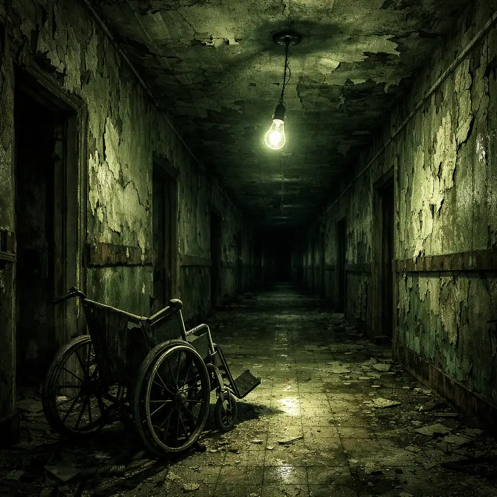 Abandoned asylum corridor with peeling paint and a swinging light bulb