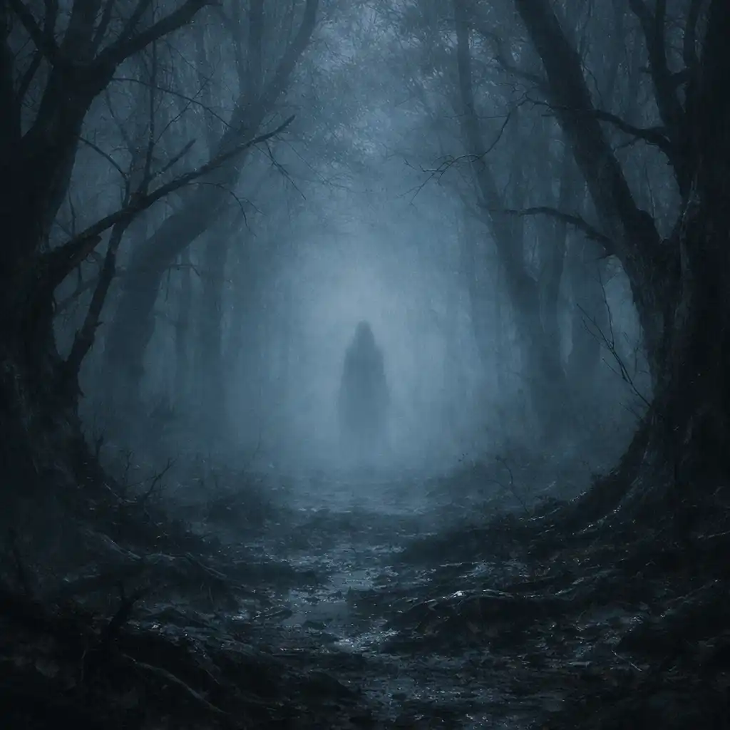 Foggy forest with twisted trees and a faint ghostly figure in the distance
