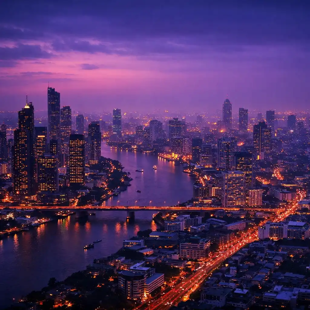 A sprawling modern city at dusk with glowing skyscrapers and a river cutting through the urban landscape