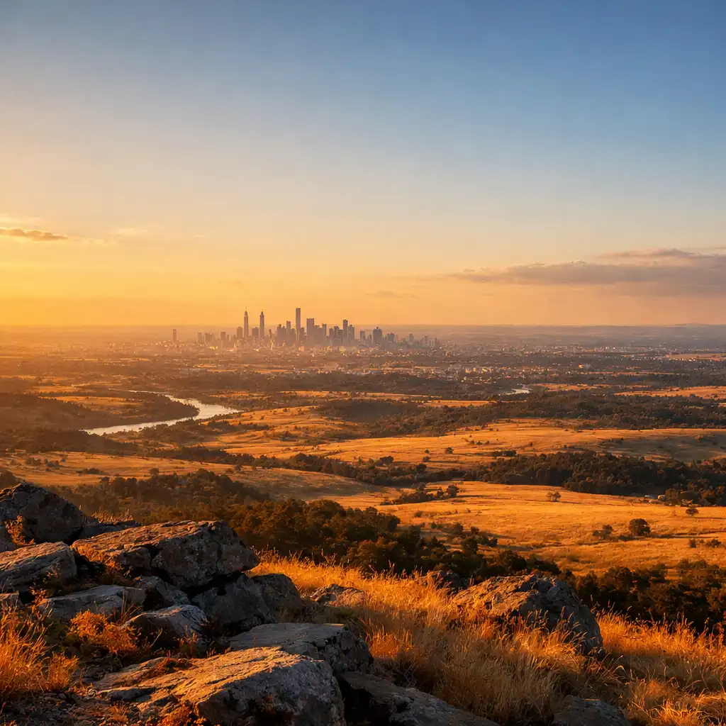 Vast open landscape with a city skyline in the distance at golden hour