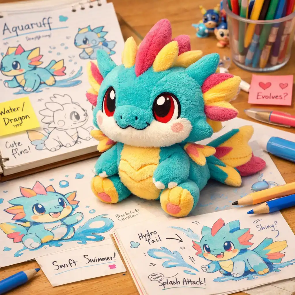 Fan-made Pokémon-inspired plush toy surrounded by sketches and notes