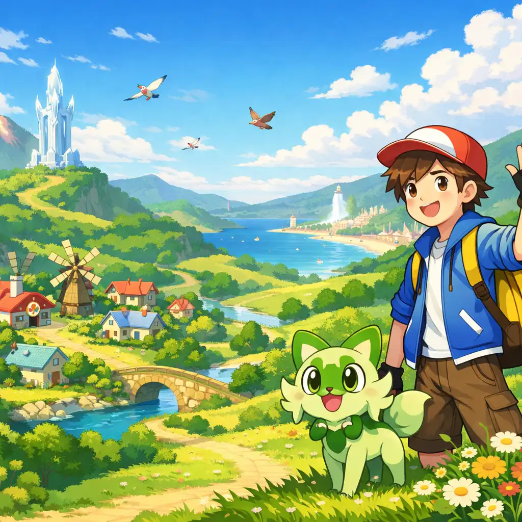 Vibrant illustration of a new Pokémon region with rolling green hills, a small village, and a young trainer with a cute creature
