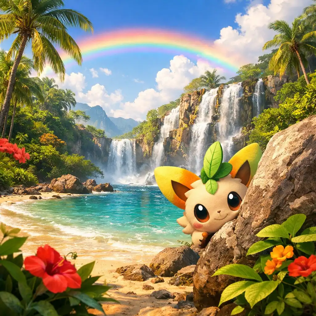 Bright tropical island with a waterfall and a small creature