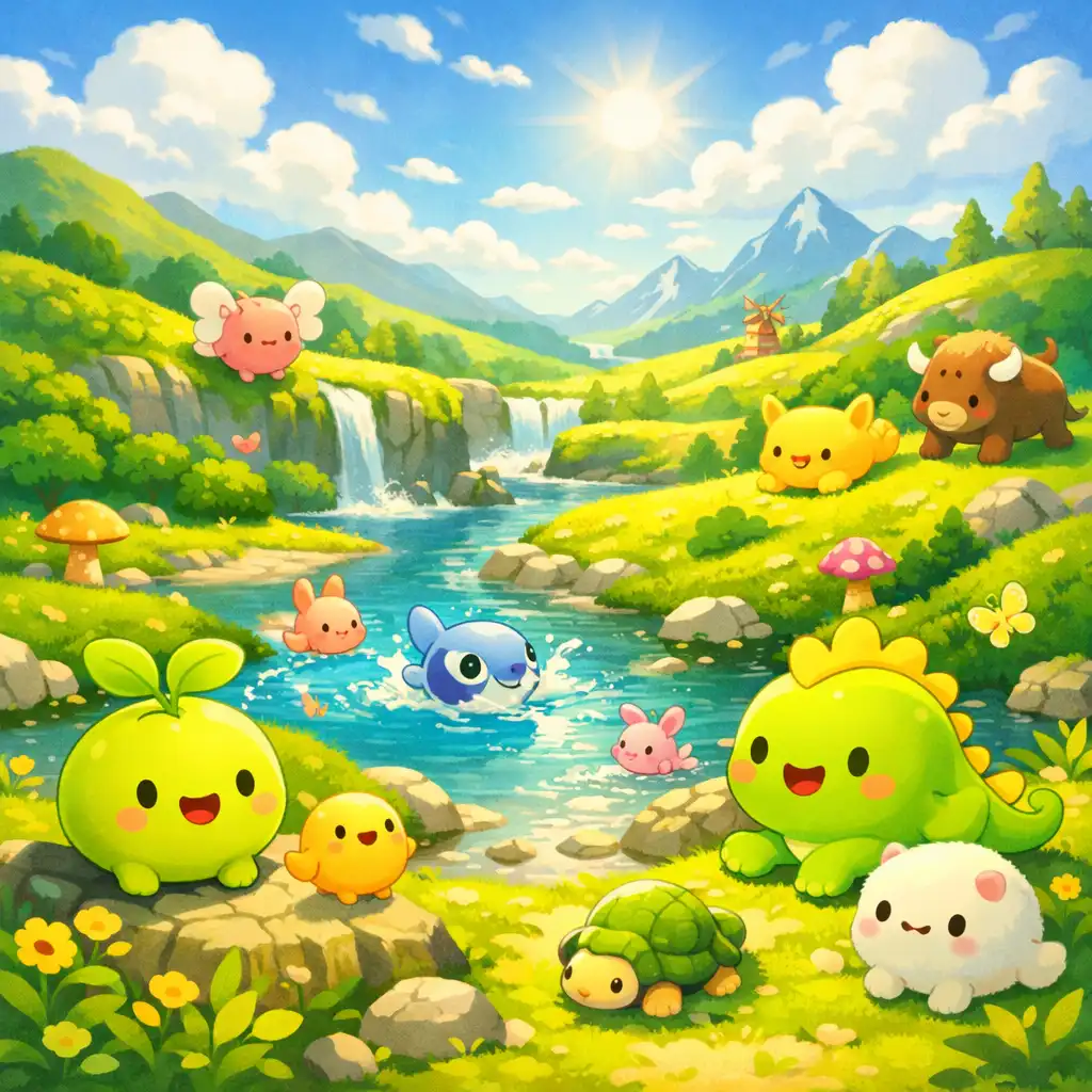 Lush fantastical landscape inspired by New Zealand with rolling hills and a lake, evoking adventure for Pokémon Pokopia