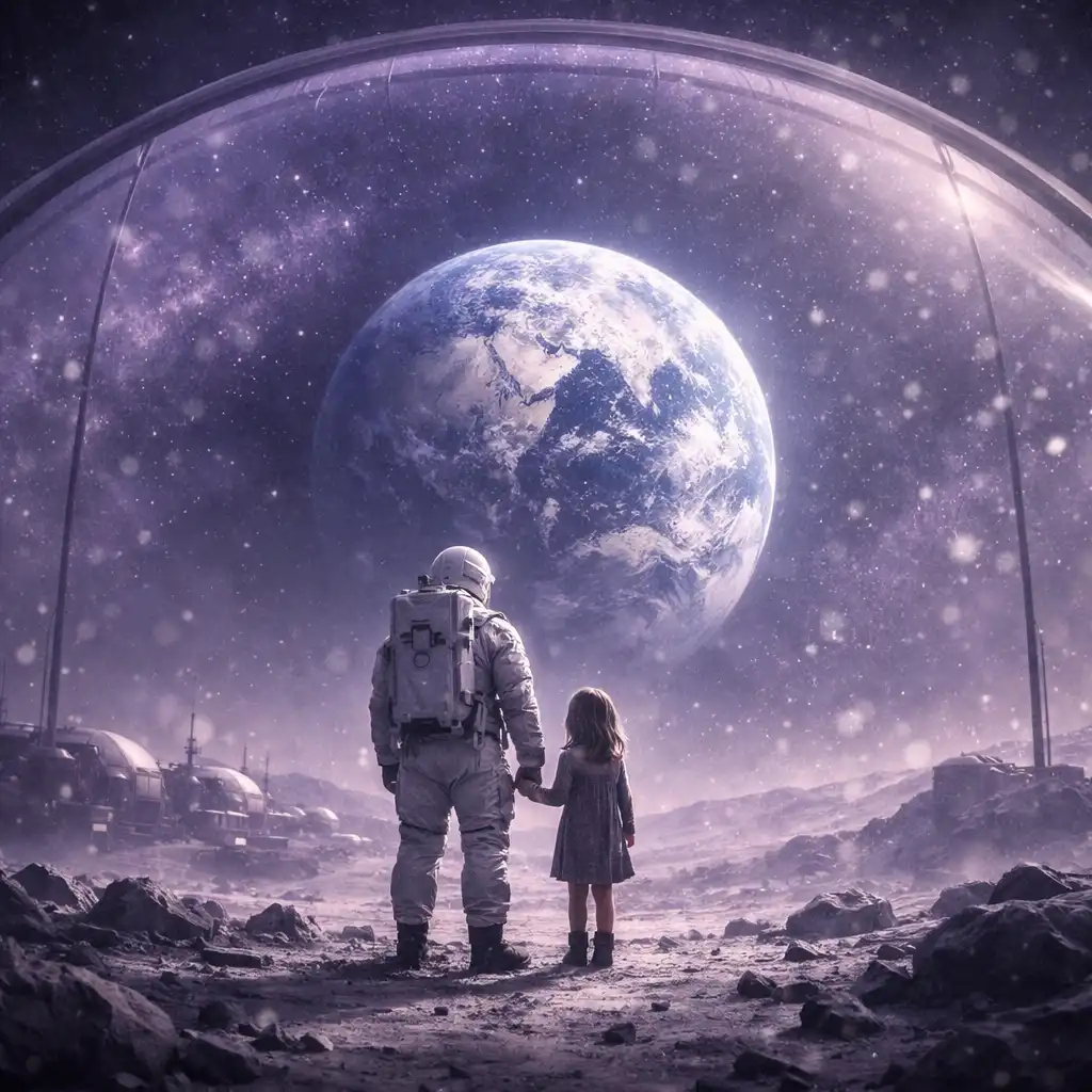 Surreal lunar colony with an astronaut and a young girl under a transparent dome, evoking mystery for PRAGMATA