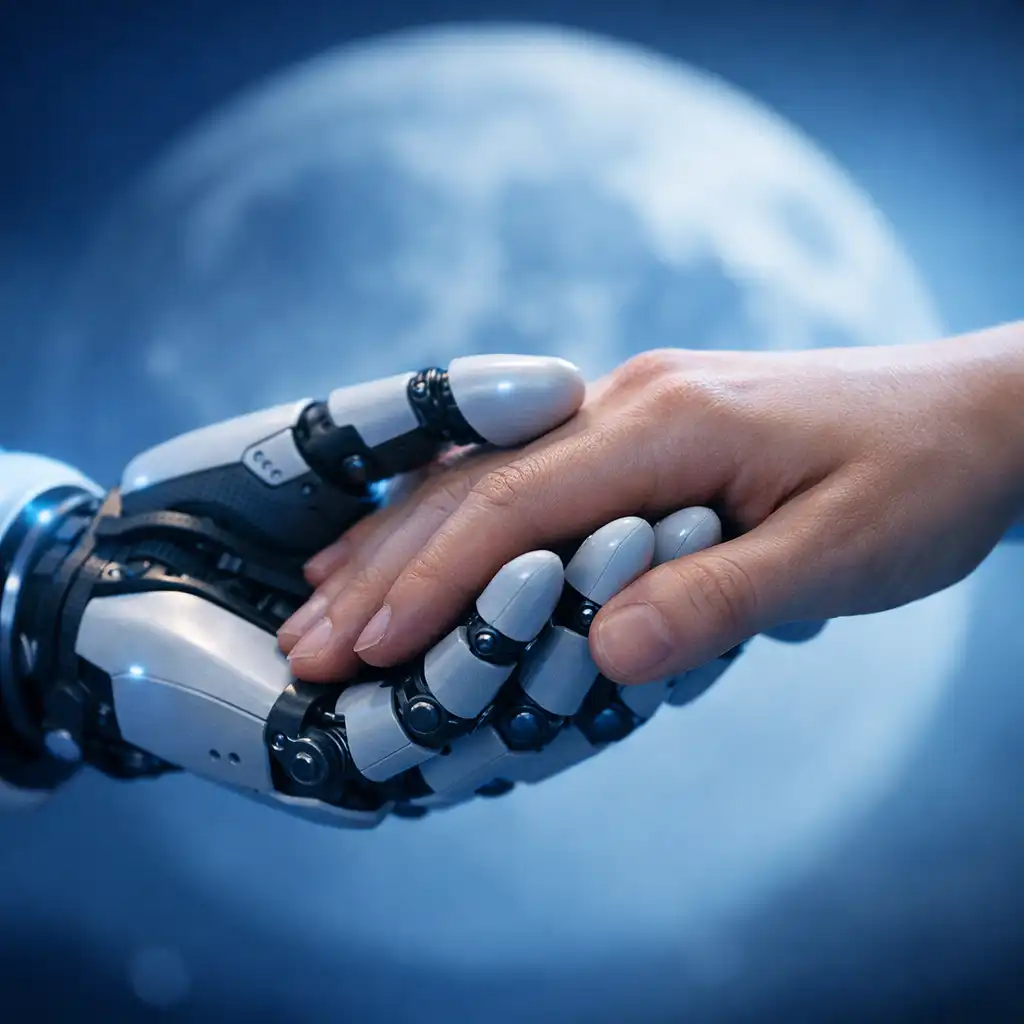 Robot hand holding a human hand with a blurred lunar background