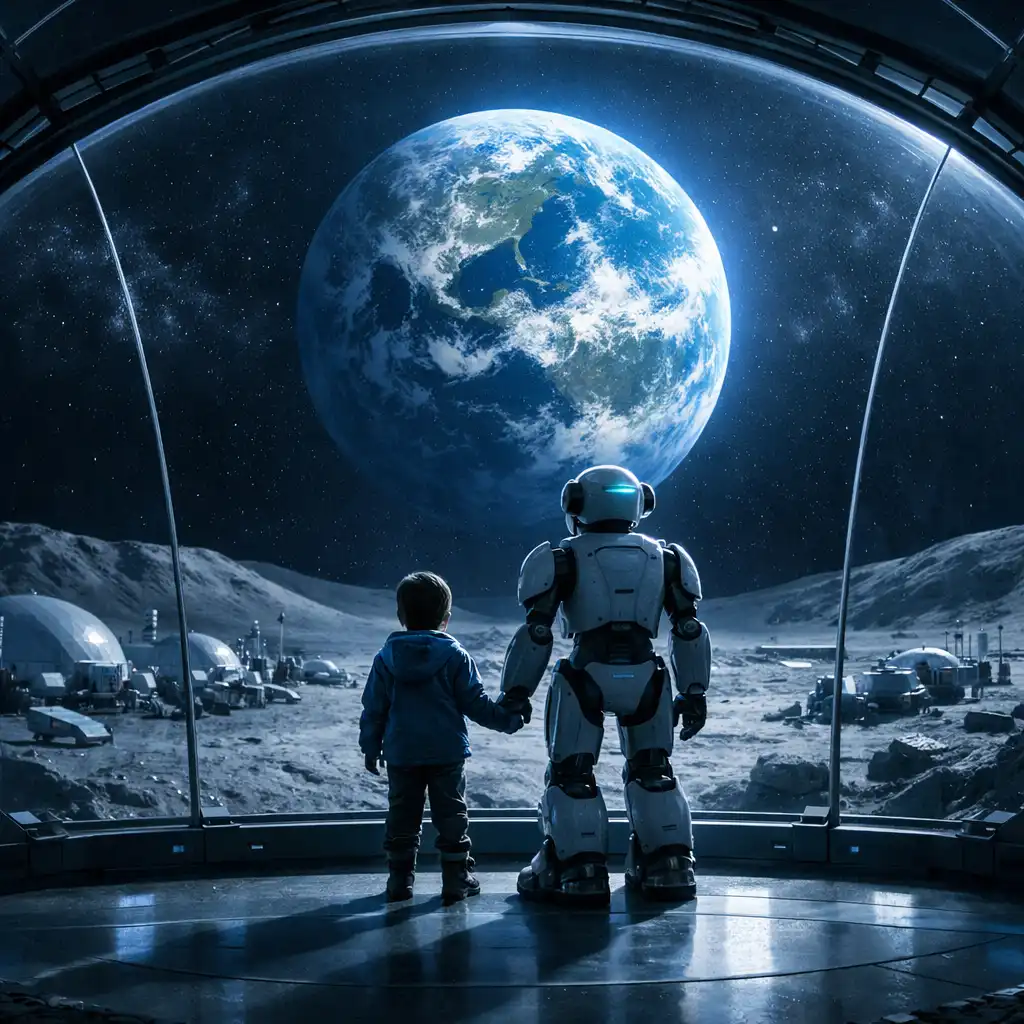Futuristic lunar colony with a child and robot companion