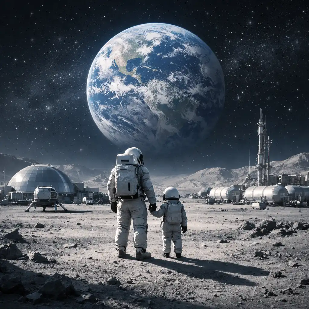 Futuristic lunar colony scene with a lone astronaut and a small child in a spacesuit looking at Earth
