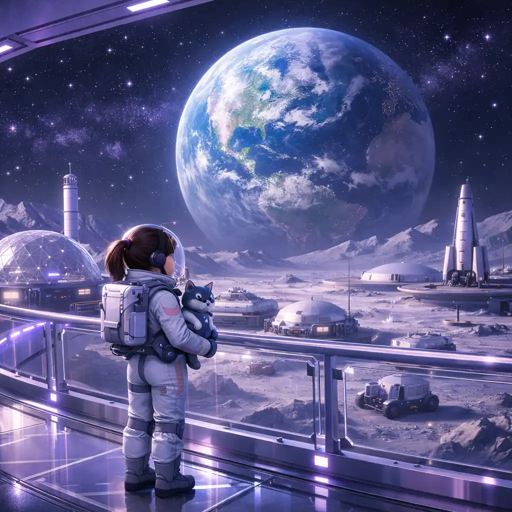 A small human figure and a robot companion walking on a lunar colony landscape under a starry sky with Earth in the distance