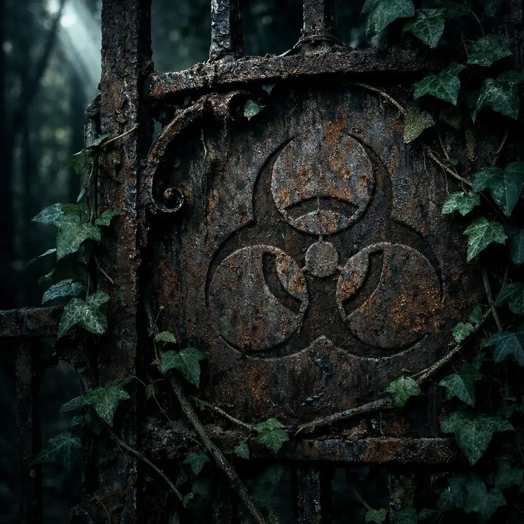 Rusty iron gate with a biohazard symbol in a dark forest