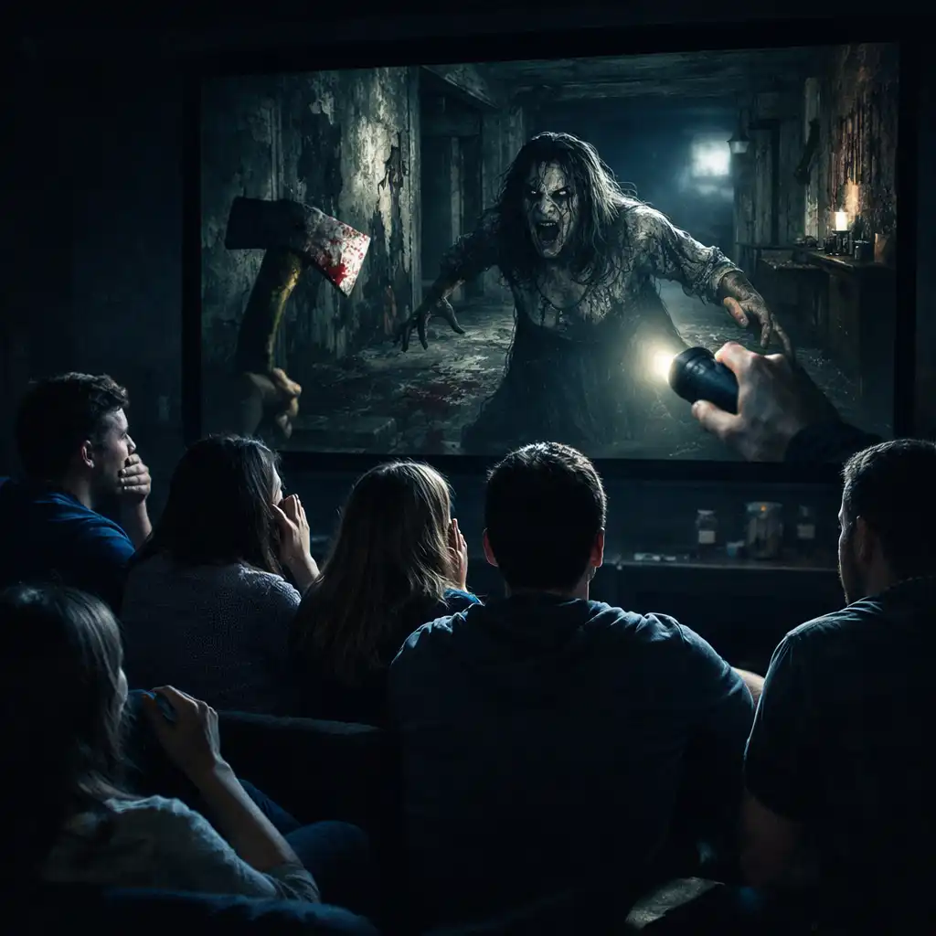 People watching a horror game on a large screen in a dark room