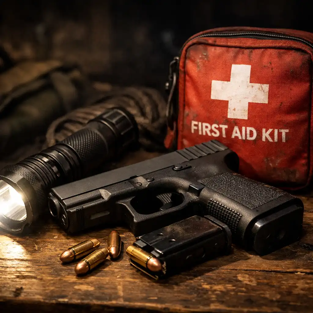 Survival kit with flashlight, handgun, and first aid kit on a table