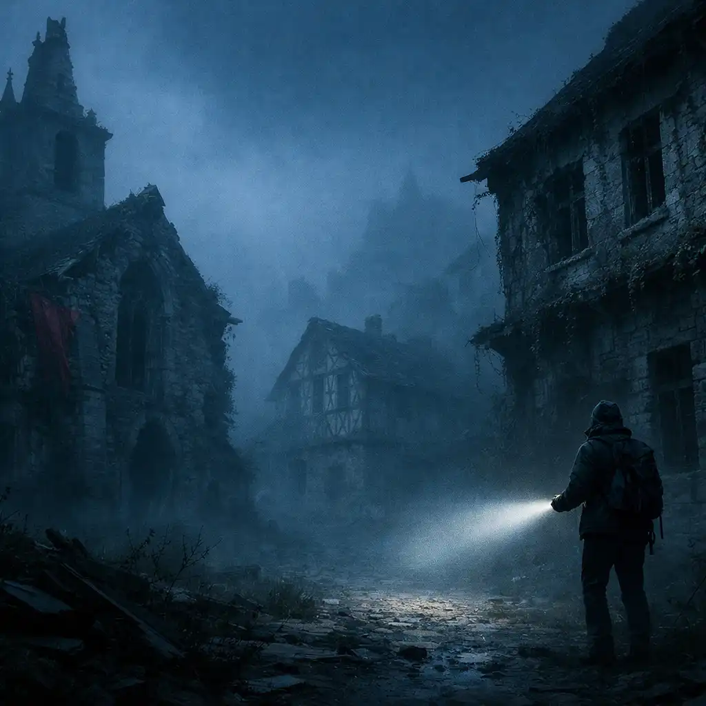 Dark gothic village at night with a distant castle, evoking survival horror atmosphere for Resident Evil Requiem