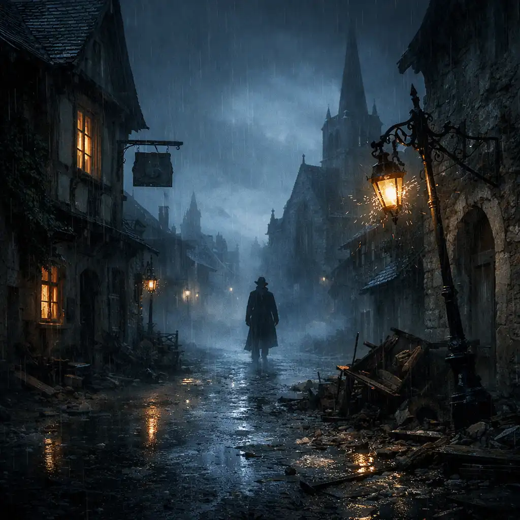 Moody rain-soaked European village street at night with gothic architecture and a distant silhouette