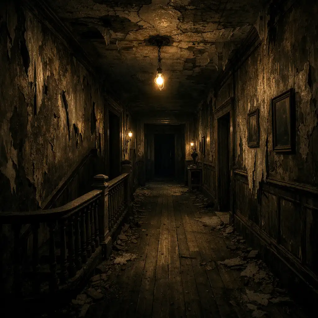 Dark decrepit mansion hallway with peeling wallpaper