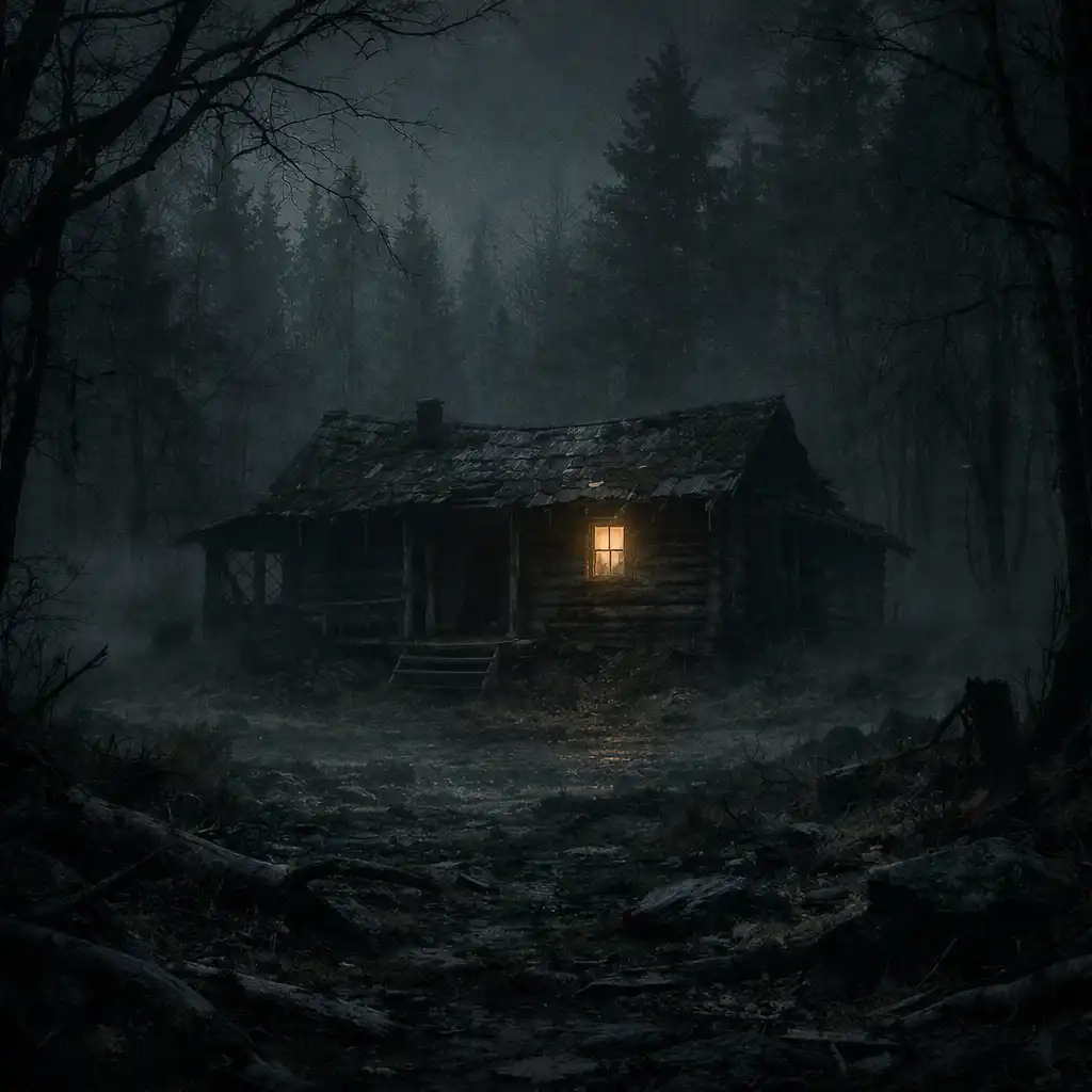 Dark foggy forest with a decrepit cabin