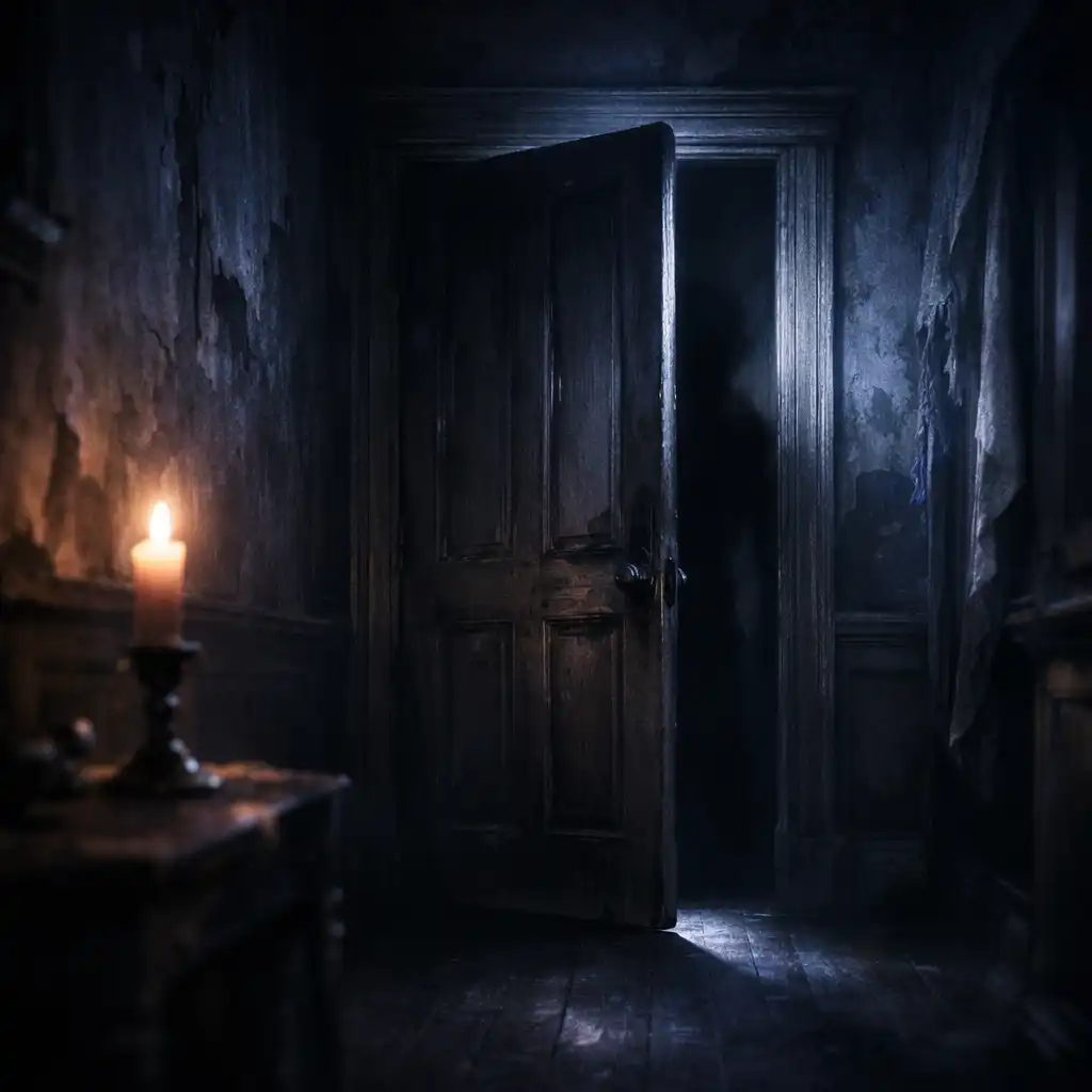 A dark mansion hallway with peeling wallpaper and a flickering candle, suggesting a lurking threat