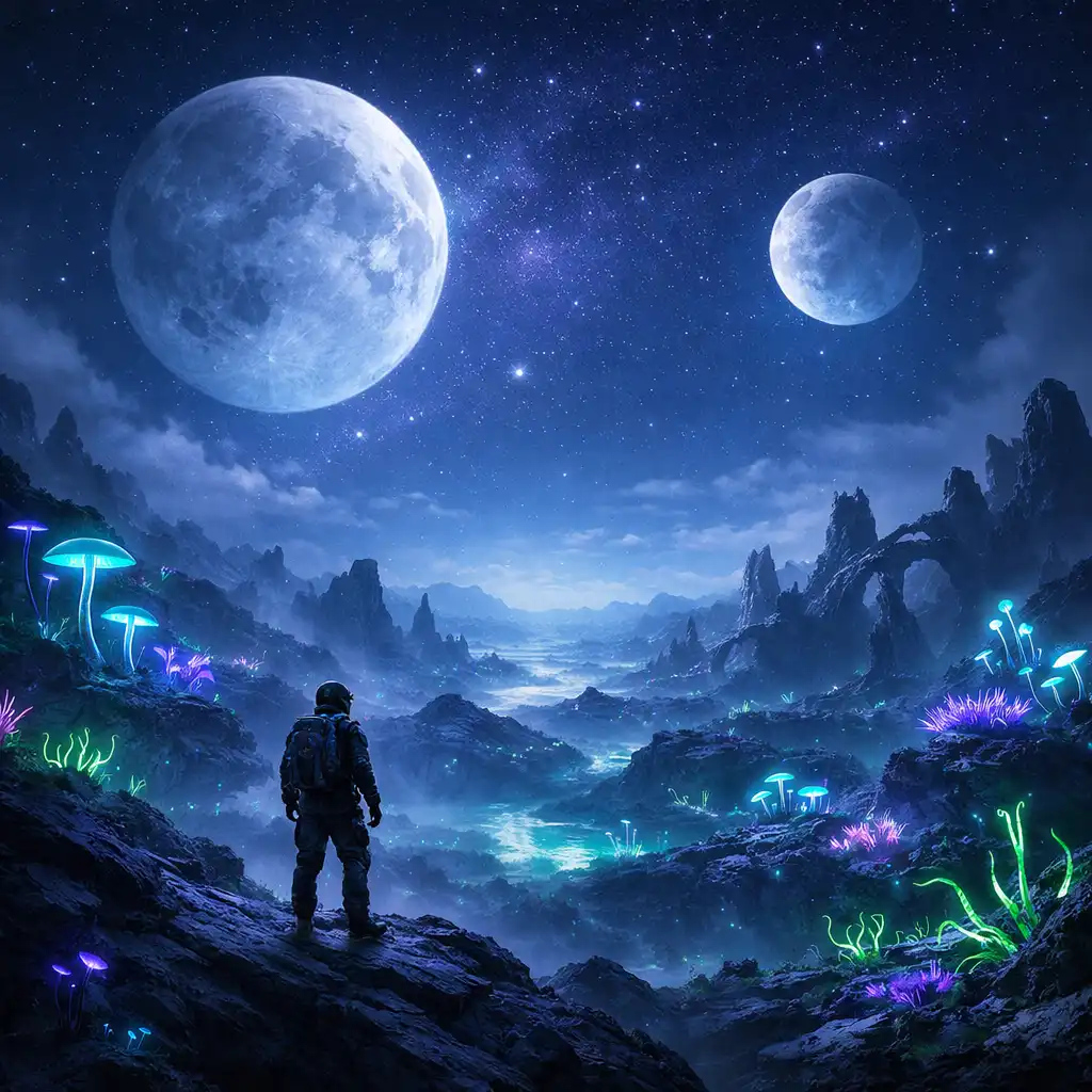 Alien world with bioluminescent flora and two moons, a lone figure on a ridge, evoking discovery for Saros