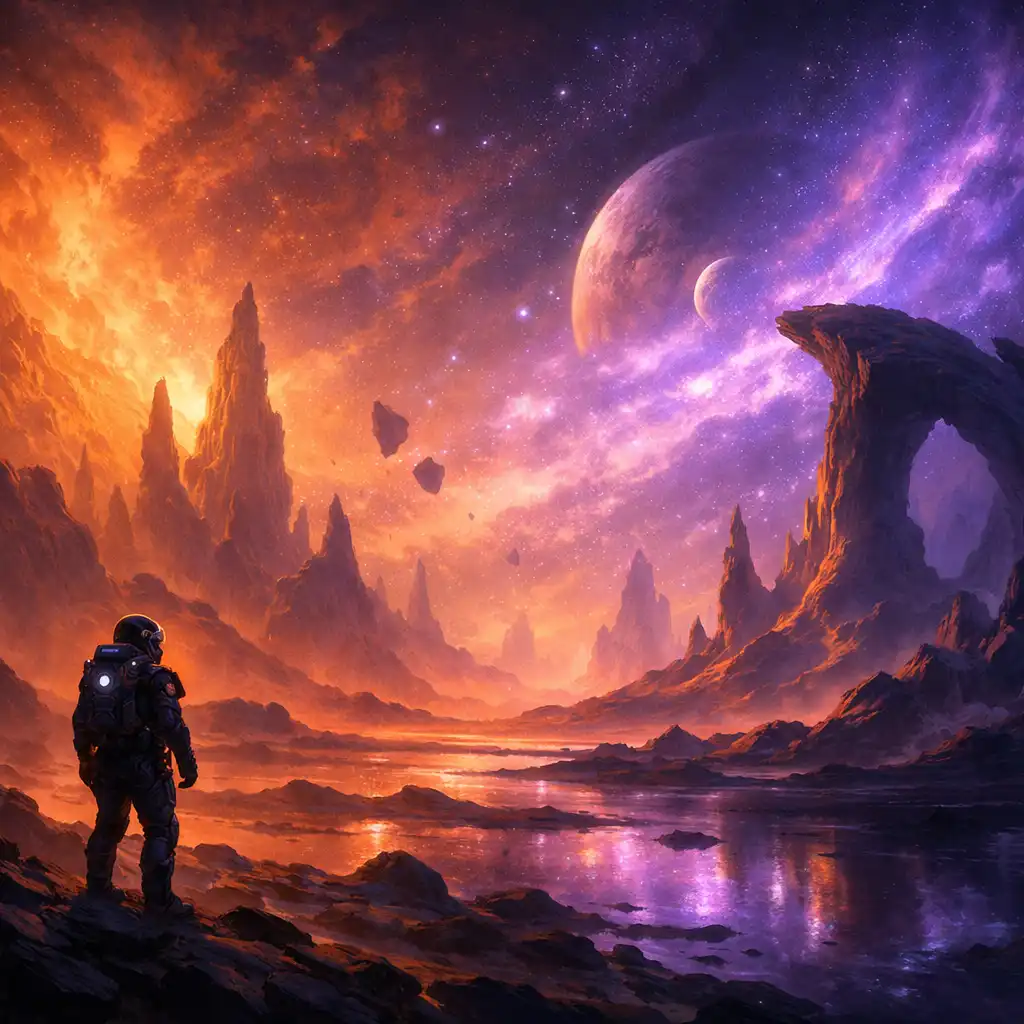 Alien landscape with strange rock formations and a glowing sky, featuring a lone explorer in a high-tech suit
