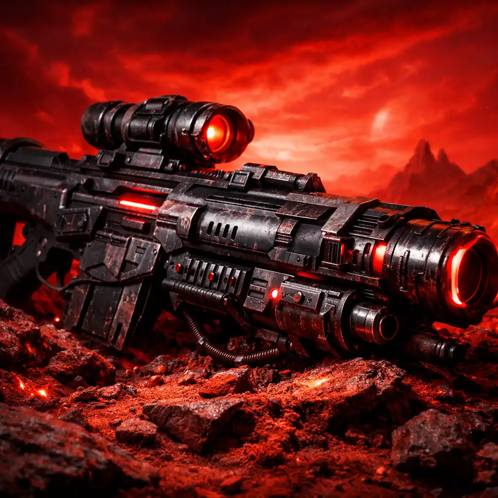 Futuristic weapon lying on alien terrain with a red sky