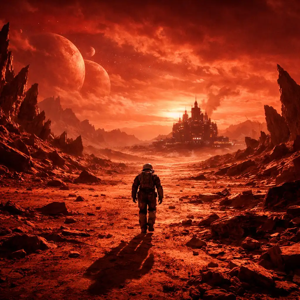 Hostile alien planet with a lone figure in a spacesuit