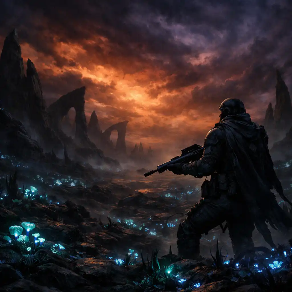 A futuristic warrior in mid-leap with a glowing energy weapon, surrounded by swirling particles and light trails